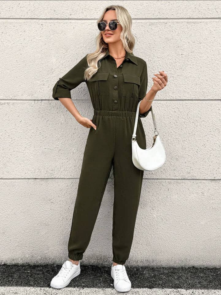 BLFD Butoons Front Jumpsuit For Ladies-Dark Olive-SP3362 0