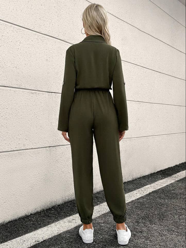 BLFD Butoons Front Jumpsuit For Ladies-Dark Olive-SP3362 1