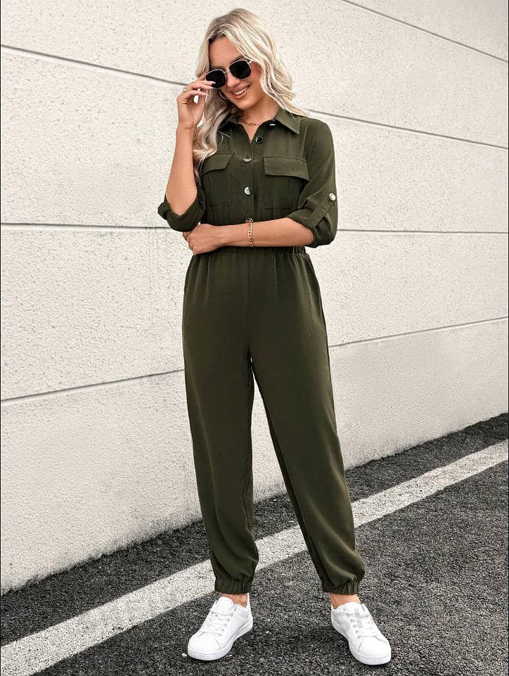 BLFD Butoons Front Jumpsuit For Ladies-Dark Olive-SP3362 2