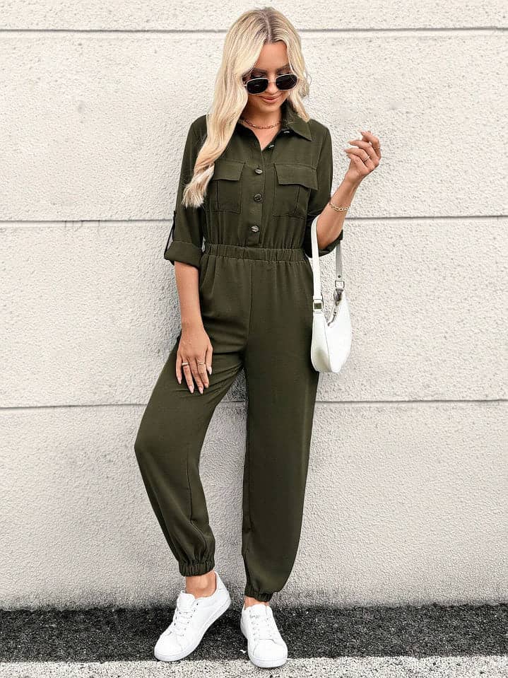 BLFD Butoons Front Jumpsuit For Ladies-Dark Olive-SP3362 3