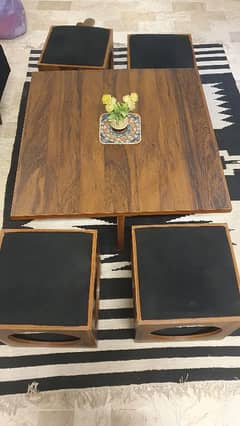 wooden center table with 4 stools