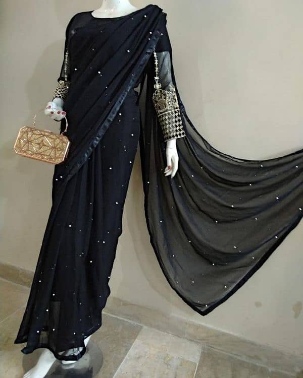 3 PCs woman silk chiffon squien embroidered stitched saree 0