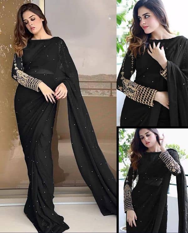 3 PCs woman silk chiffon squien embroidered stitched saree 1