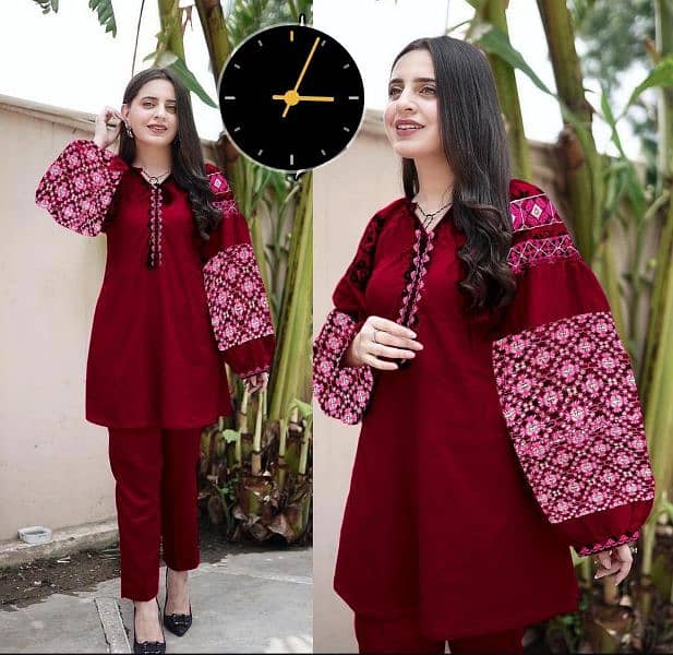 2 Pcs Women's Stitched Embroidered Linen Shirt and Trouser Set 0