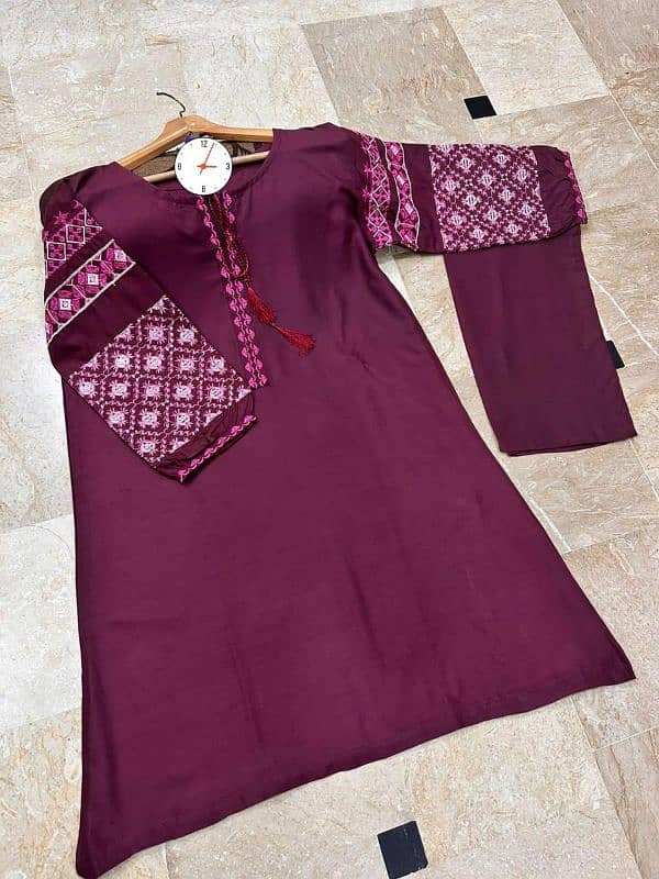 2 Pcs Women's Stitched Embroidered Linen Shirt and Trouser Set 1