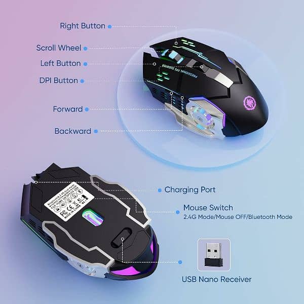 "RGB Wireless Gaming Mouse | Silent Click | Rechargeable Dual Mode" 6