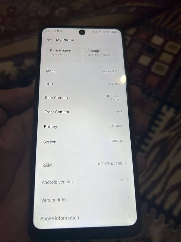 Infinix note 30 8+8gb 128 storage 5000mah BT (glass tota ha) all ok ha 7