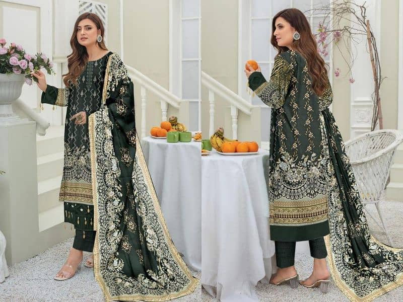 3 Pcs Women's Unstitched Khaddar Printed Suit 1