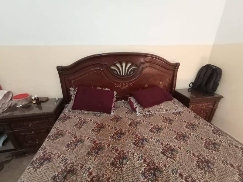 Wooden Bed with side tables and mattress available for sale 1