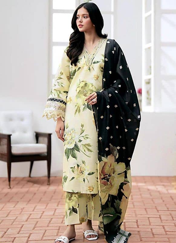 3pcs women unstitched Linen printed suit 1