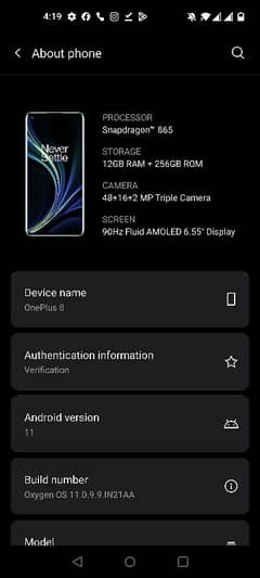 One plus 8 12GB RAM 256GB ROM Snapdragon865 48+16+2 mega pixels