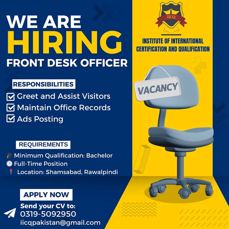  We Are Hiring: Female Front Desk Officer (Min Qualification: Bachel 0