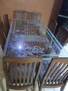 Dining table top glass 12mm with eight chairs woodin just like new