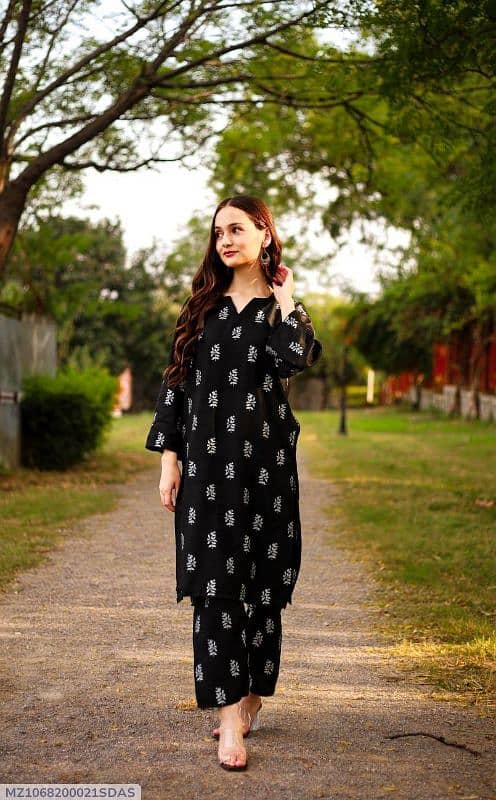 2 PCS women's stitched Linen printed Shirt And Trouser 2