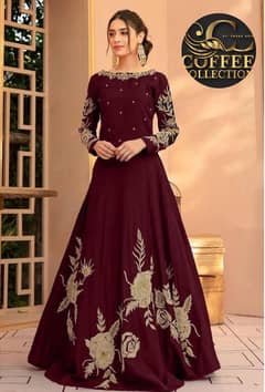 stunning embroidered shamoz silk maxi PC in maroon