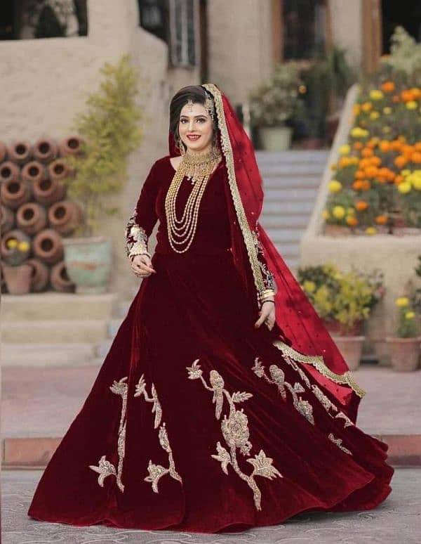 2 PC's Maroon velvet embroidered maxi suit with dupatta and trouser. 1