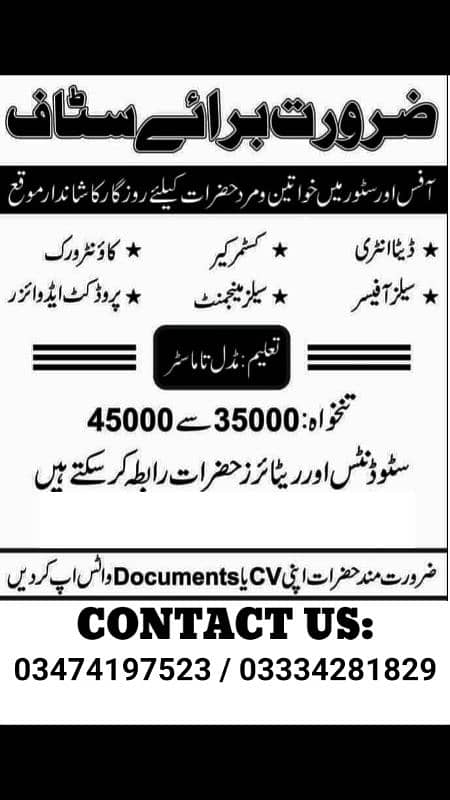 Jobs Available Contact on WhatsApp 03474197523 0