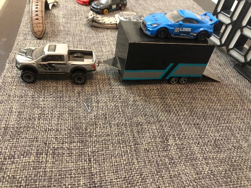 handmade car trailer with 2 hot wheels ford + nissan 3