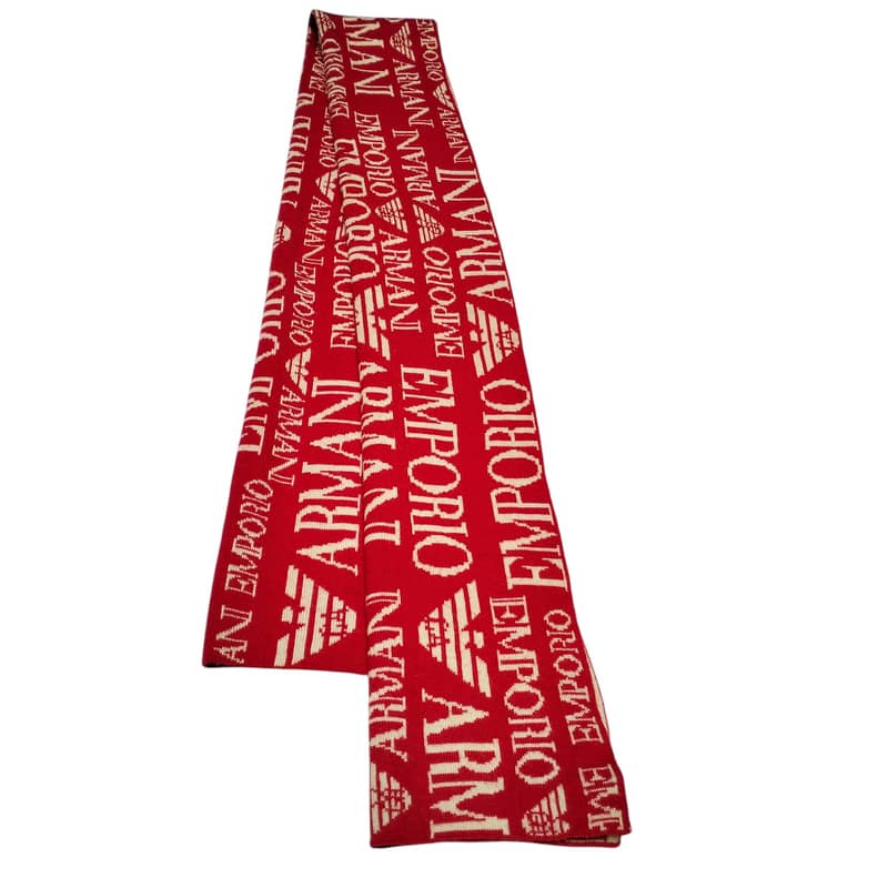 Pre-Owned Emporio Armani Red & Beige Logo Scarf - Wool Blend, Italy 2