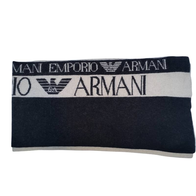 Emporio Armani Scarf Made in Serbia - Wool Blend Black & Beige Logo 2