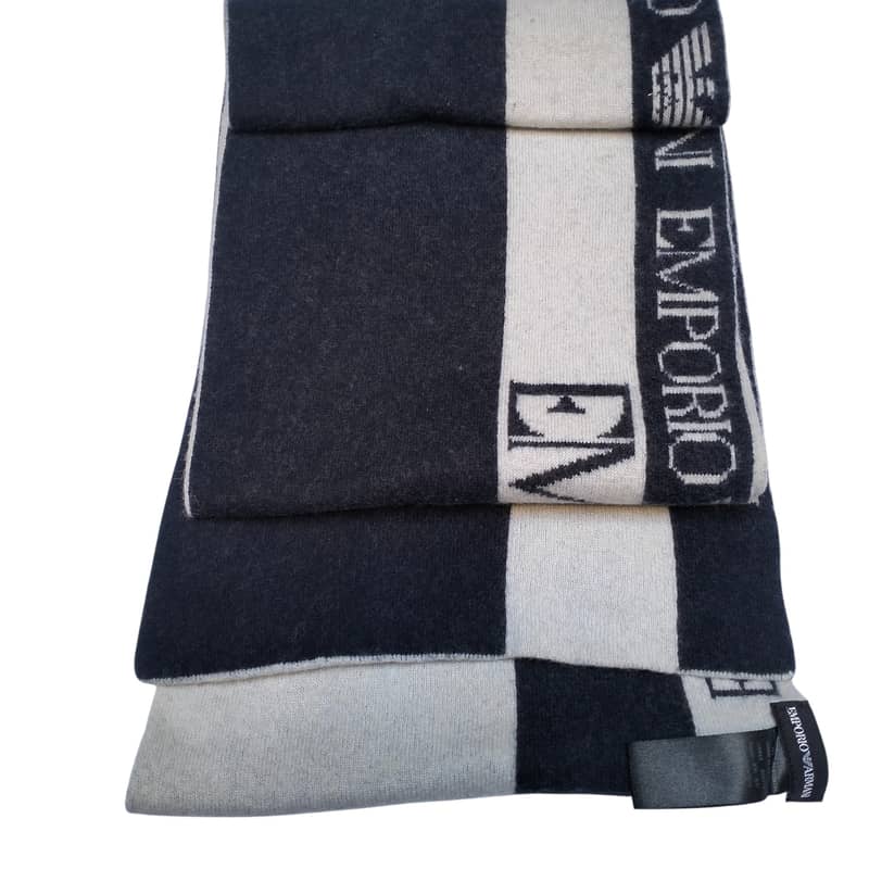 Emporio Armani Scarf Made in Serbia - Wool Blend Black & Beige Logo 10