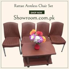 Armless Rattan Chair Set Brown / Double Shelf Plastic Table