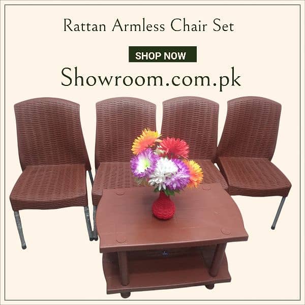 Armless Rattan Chair Set Brown / Double Shelf Plastic Table 0