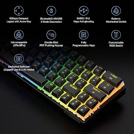 Tezarre TK63 Pro 60%Gaming Mechanical Wireless Keyboard RGB Backlit 1