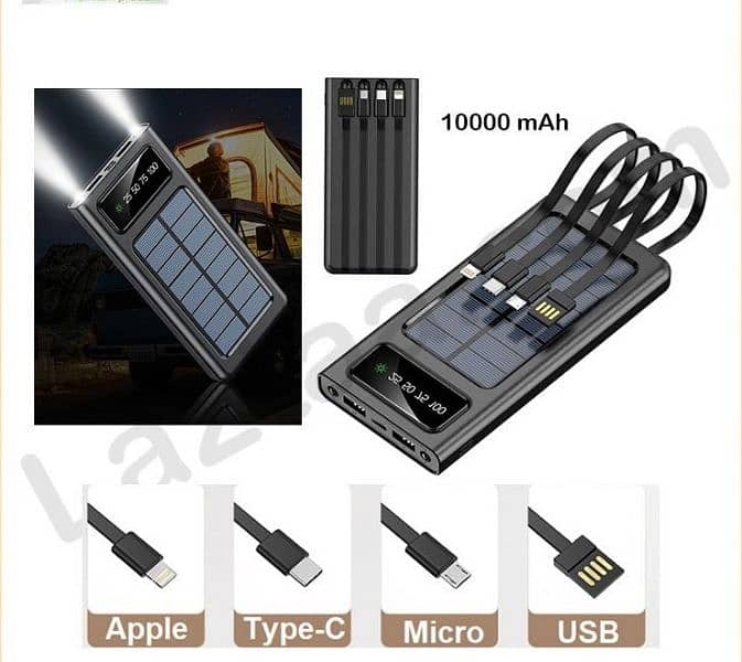 10,000 mAh Power bank With 4-Cables Solar+Electricity Charging Support 5