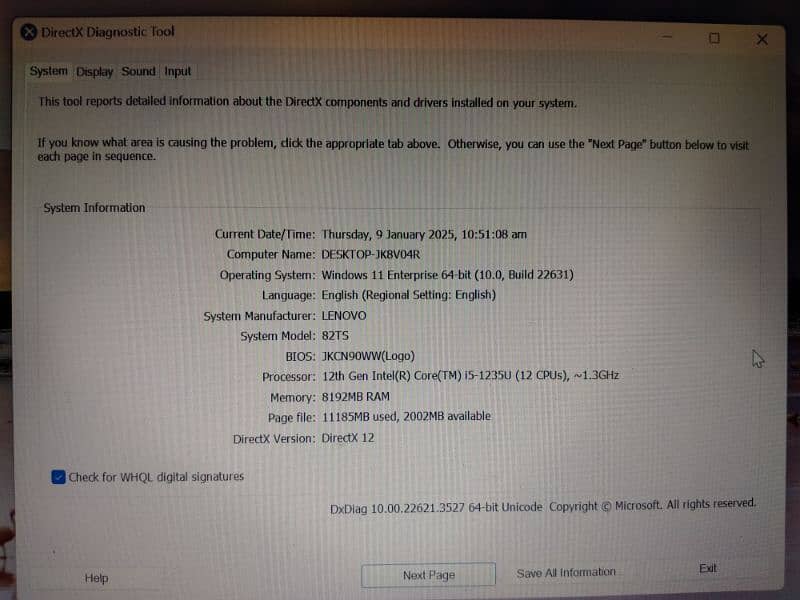 Lenovo 12th Gen i5 (12CPU) 8GB 256SSD 3