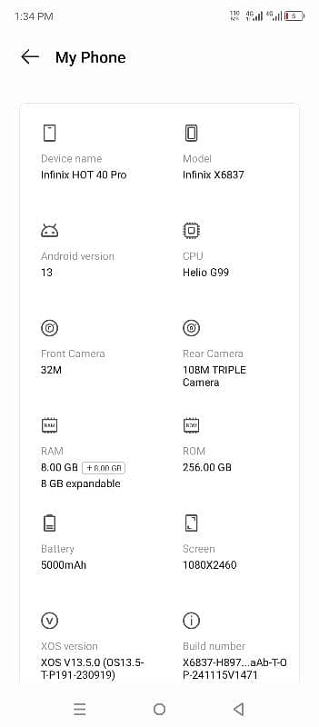 Infinix hot 40pro 8+8=256 108 camra front 32 8