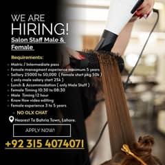 Saloon Staff Required || Jobs For Male & Female