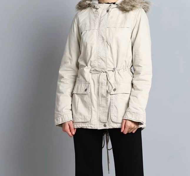 H&M BRANDS CREAM COAT WITH FUR HOOD 1