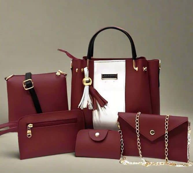 5 Pcs Women's PU Leather Plain Hand Bag Set 0