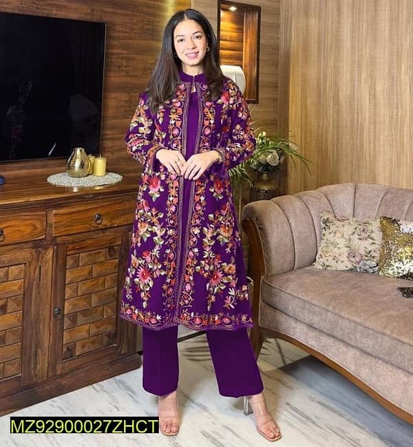 3 pcs Woman stitched katan slik Embroidered gown suit 0