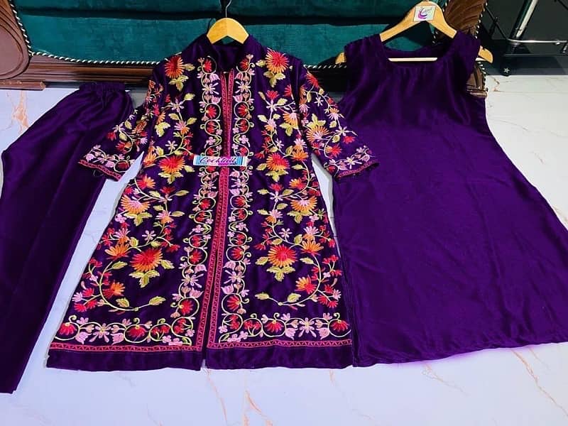 3 pcs Woman stitched katan slik Embroidered gown suit 1