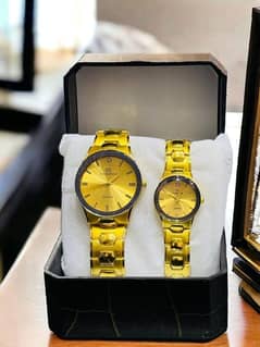 unisex quartz couple watches -2 pcs analogue set with golden chain