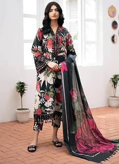 3 pcs women's unstitched linen digital print suit