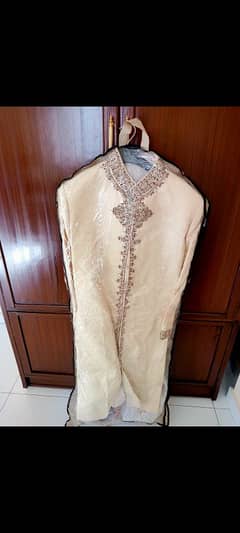 sherwani in xl size offwhite and golden with handmade zari work