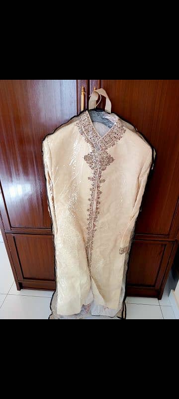 sherwani in xl size offwhite and golden with handmade zari work 0