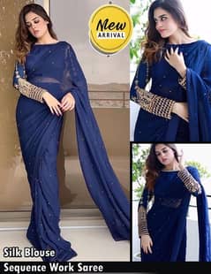 Women silk sequins embroidered stitched saree