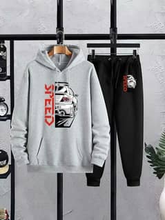 Men's Fleece hoodie track suit - 2 pcs grey printed set