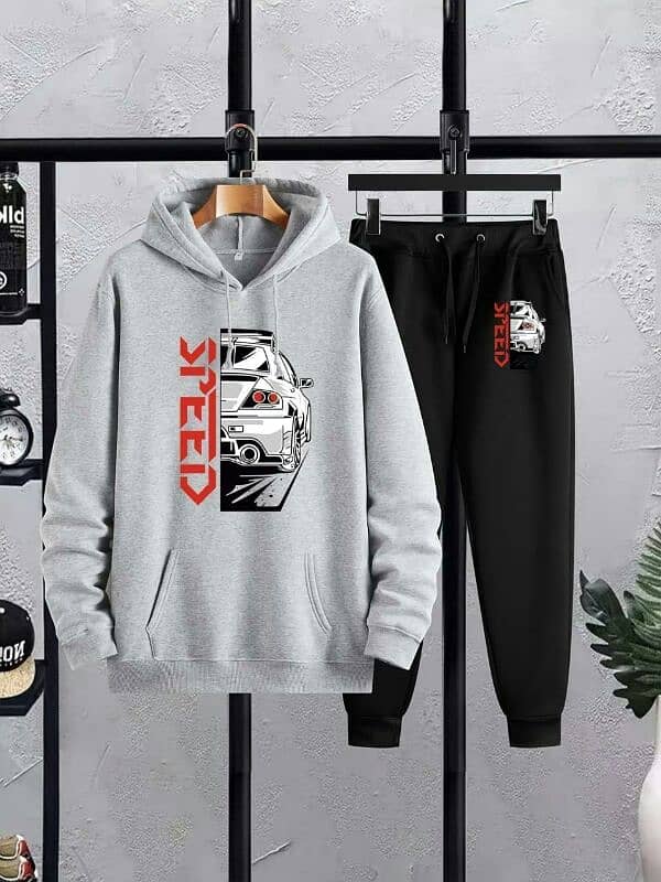 Men's Fleece hoodie track suit - 2 pcs grey printed set 0