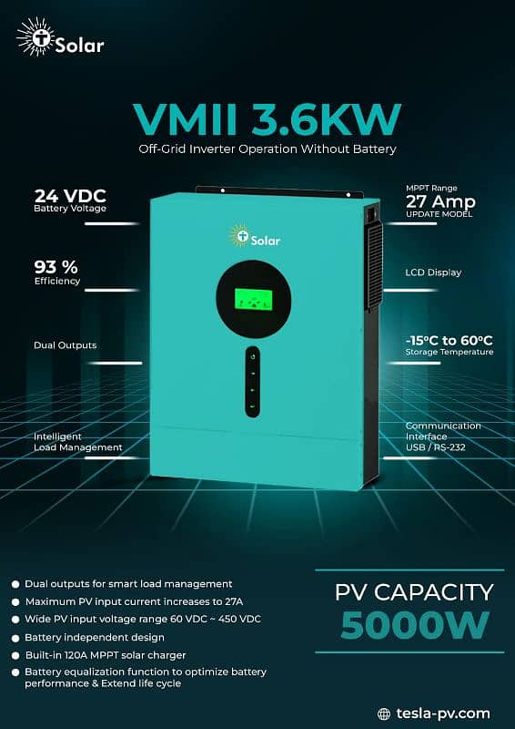 Hybrid solar inverter Tesla T Solar pv5000 3.6kw 24v NEW 0