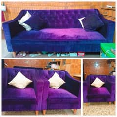 Used Purple Sofa Set with Blue Covers - Like New Condition