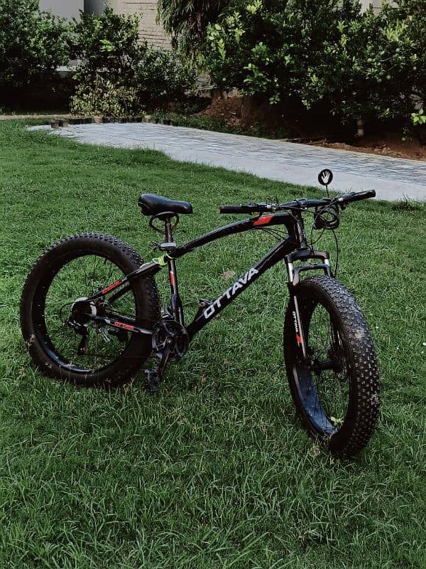 Fat bike with gears and disk brakes, shocks absorbers, speedometer 0