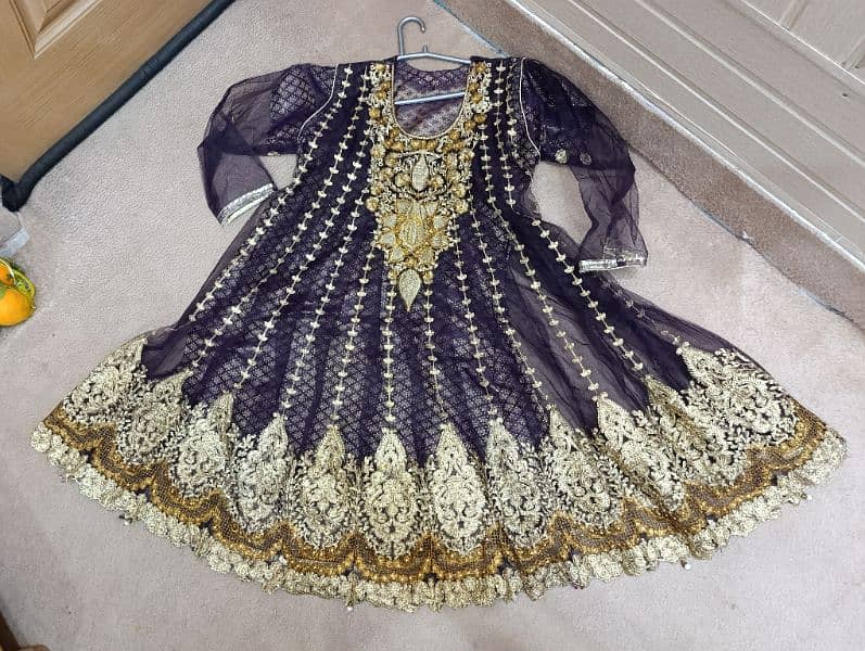 purple peplu frock with net dupatta and jamawar trouser 0