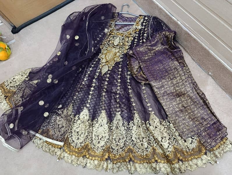 purple peplu frock with net dupatta and jamawar trouser 2