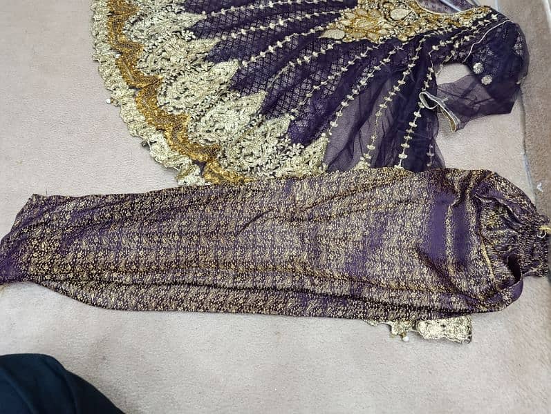 purple peplu frock with net dupatta and jamawar trouser 3