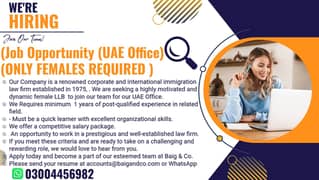 Female Visa Consultant (LLB) for UAE